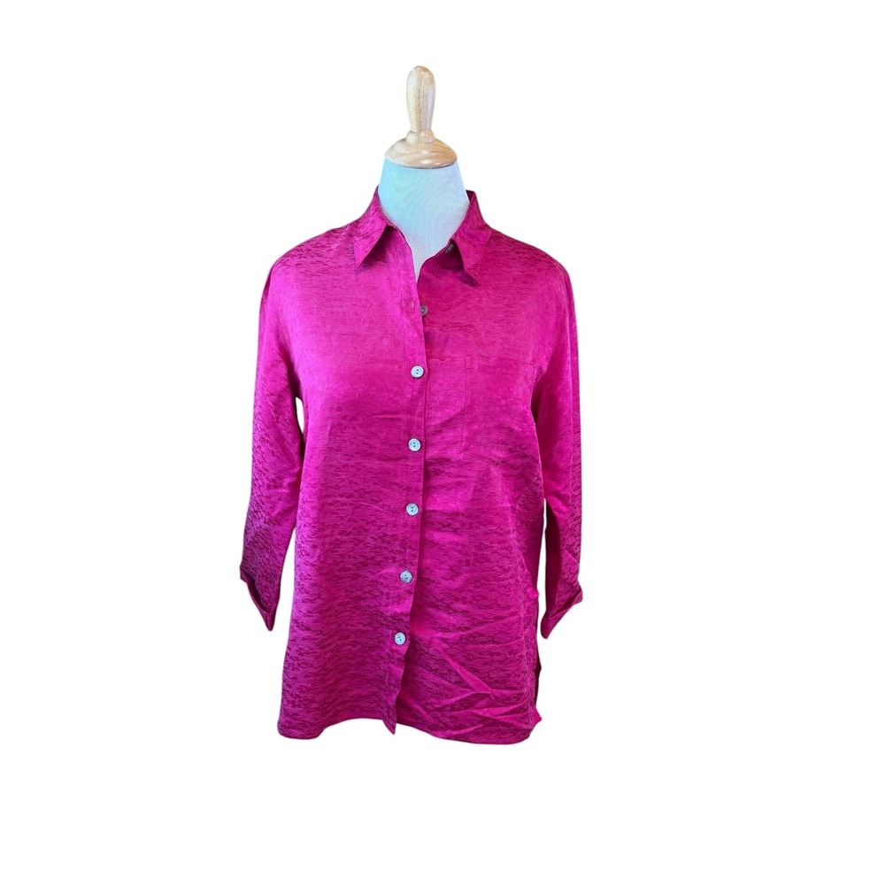 Chico's Design Button Down Pink Silk & Linen Abelone Buttons Size 1 Small 8